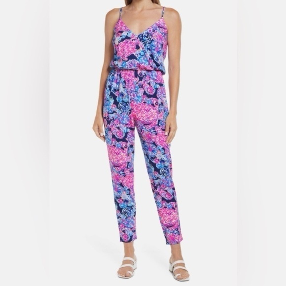 Lilly Pulitzer Dante Jumpsuit In Turtle Amazement S Spaghetti Strap Stretch Prep
